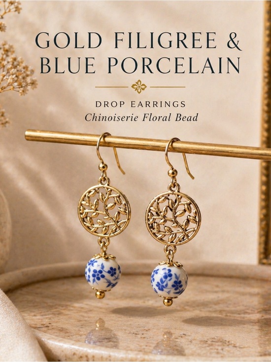 Jewelry - Gold Filigree & Blue Porcelain Drop Earrings – Chinoiserie Floral Bead